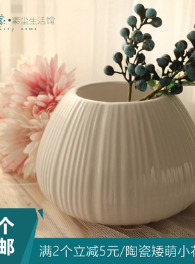 简约釉面矮e款条纹白色圆形陶瓷花瓶花器家居装饰摆设餐桌摆件包