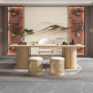 色办公室书桌椅组合大班台新中式简约现代总裁实木原木老板办公桌