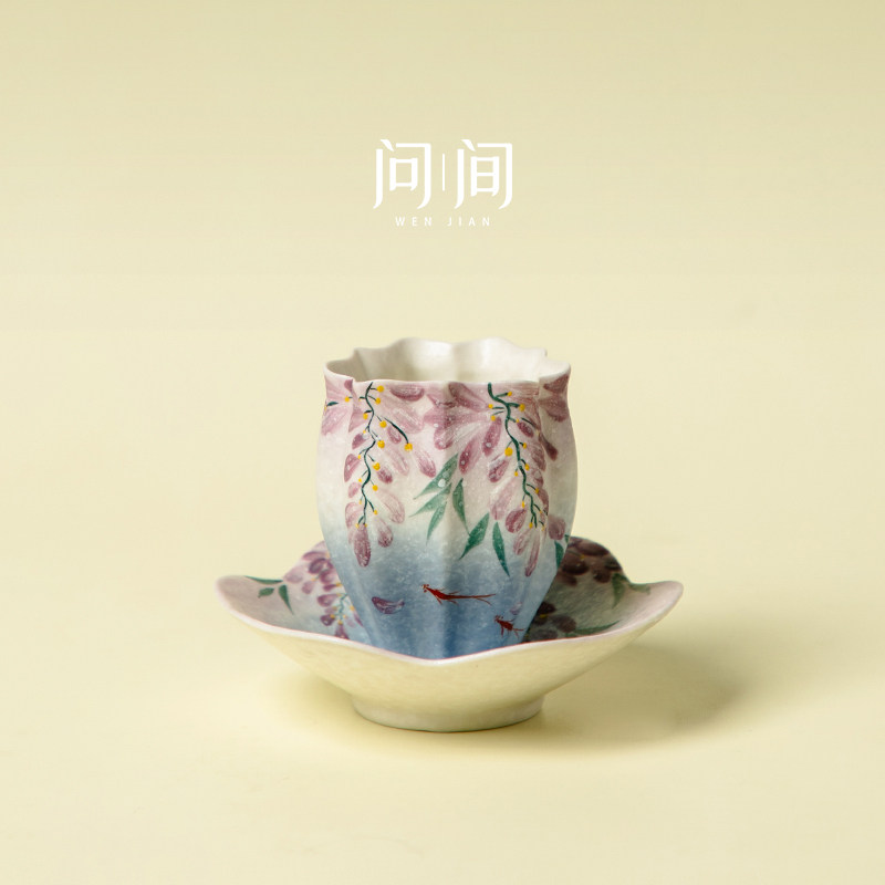 问间家用功夫茶杯紫藤星空蓝喝茶杯陶瓷主人杯小茶盏带杯垫品茗杯