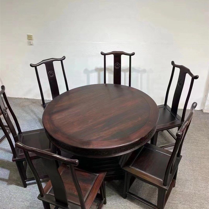老挝大红酸枝1.28o米靠背雕花官帽椅圆餐桌 交趾黄檀实木餐桌 饭