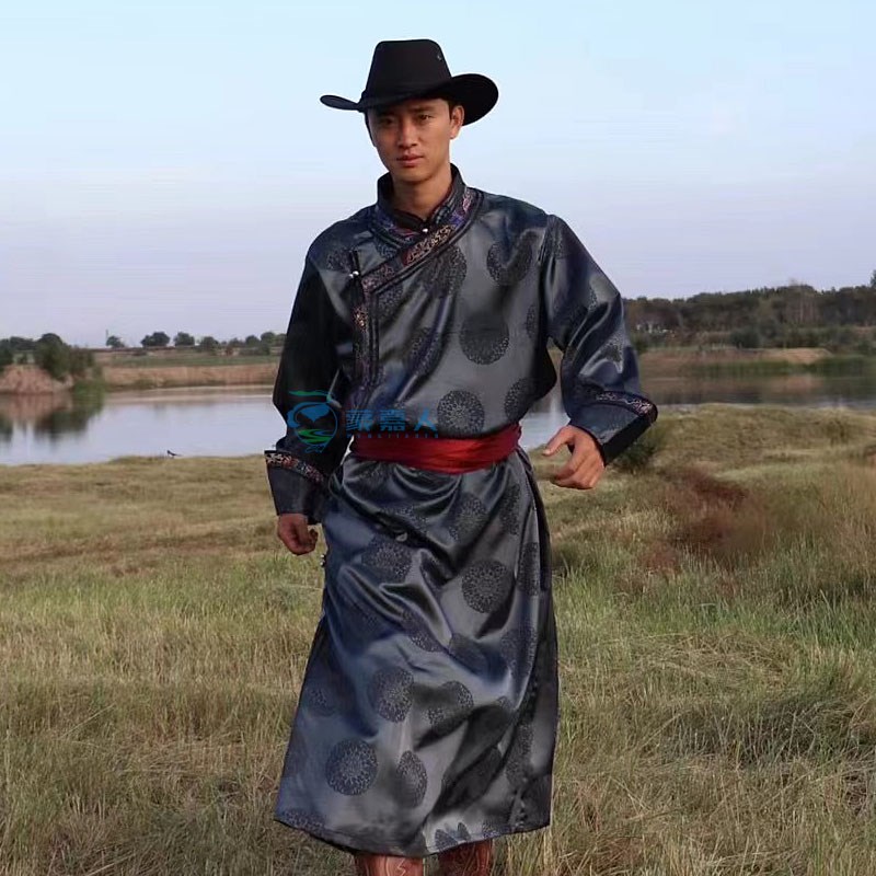 蒙古服装男黑色蒙古民族r民装男士日常服装蒙古袍男款演出表演服图片