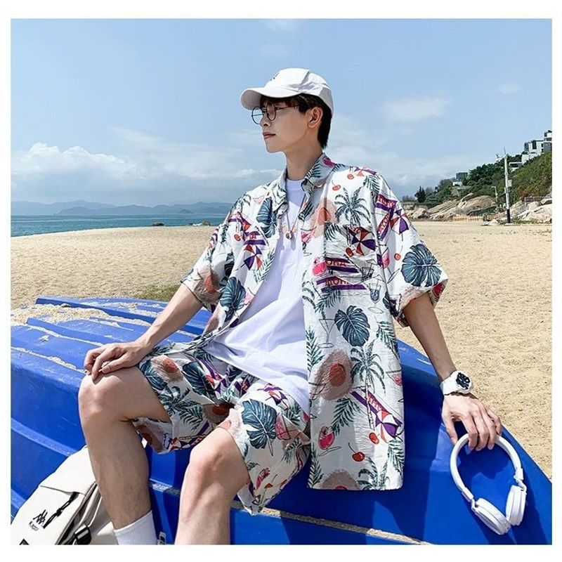 海南岛服沙滩服三亚夏威夷旅游男女情侣大码衬衫碎花16.8绵绸套装
