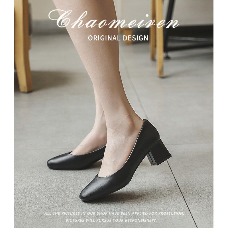 方头粗跟单鞋中跟职业女鞋2024新款黑色工作高跟鞋女酒店上班皮鞋