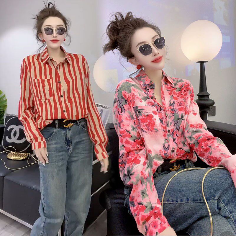 网红爆款衬衫女2024春新款洋气C显瘦百搭女神范流行花色打底衫冬