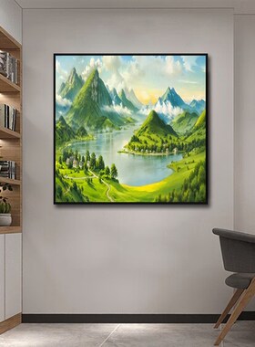 青山绿水装饰画办公室背景墙客厅C玄关正方形挂画聚宝盆招财靠山
