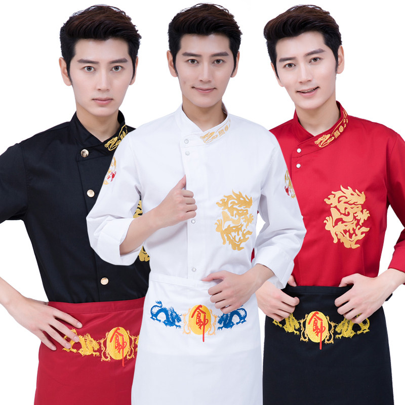 高档厨师长工作服长袖男女v绣龙餐厅饭店行政总厨大厨工衣秋冬厚