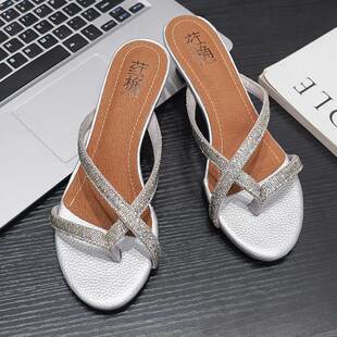 银色3CM猫跟简约新款5CM中跟夹趾外穿凉拖女夏季凉鞋防滑细跟女鞋