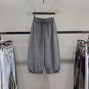 欧货甜美木耳边九分裤女2025夏季薄款松紧腰宽松灯笼花苞裤阔腿裤