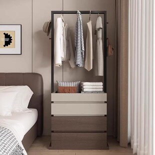 可移动衣帽架床头柜一体柜四层柜实木挂衣架连P柜卧室收纳柜撞色