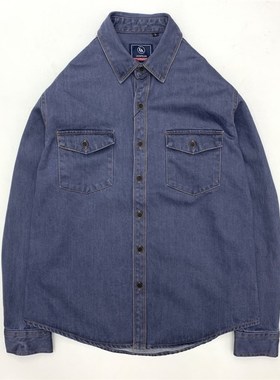 阿美咔叽牛仔衬衫男全棉重水洗工装重磅机车款牛仔宽松深灰色衬衣