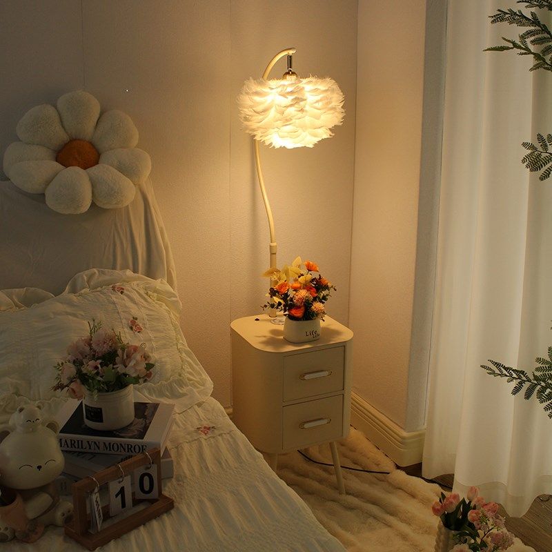 奶油风床头柜落地灯卧室客厅法式田园沙发边几台灯一体装饰置物架