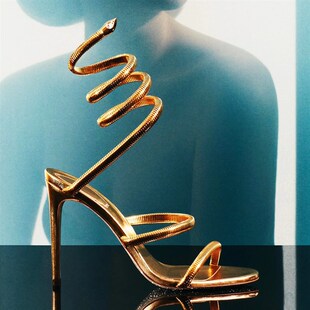 2025网红爆款夏季金色蛇u形缠绕金属绑带高跟鞋法式罗马细跟凉鞋