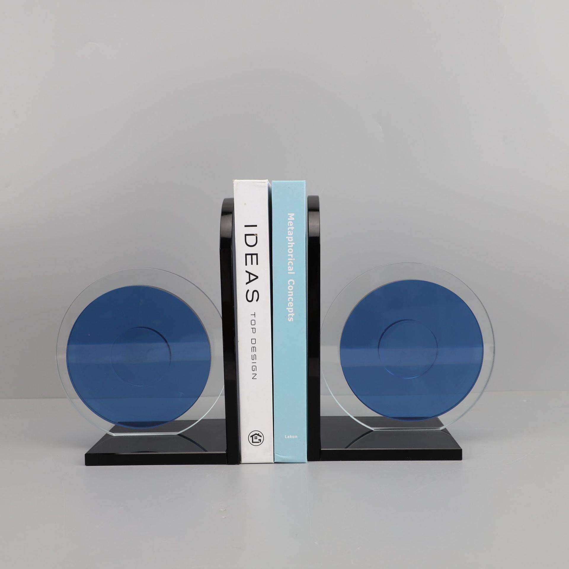 现代深蓝圆片水晶书靠样板房书档摆件书柜办公桌面装饰工艺品摆设