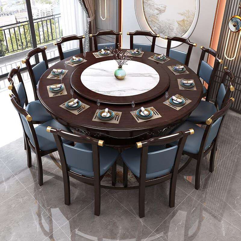 新中式实木餐桌椅组合带电磁炉岩板转盘饭店火锅桌圆桌家用饭桌