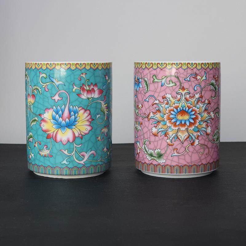 冰裂粉彩手绘陶瓷笔筒复古花卉毛笔陶瓷工艺品摆件文房四宝毛笔筒,鲜花速递/花卉仿真/绿植园艺,割草机/草坪机,淘宝优惠券,粉丝福利购,淘宝优惠卷