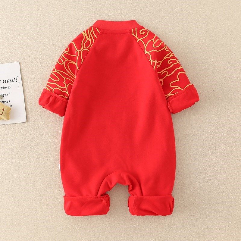 红色喜庆拜年服春秋款婴儿连体衣新生儿宝宝满月服秋款春装爬爬服