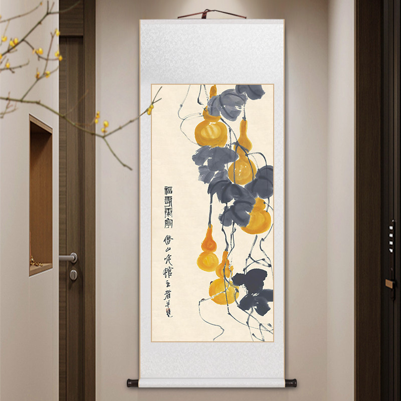 齐白石葫芦挂画花鸟国画客厅装饰画书房茶室玄P关壁画福禄老人礼