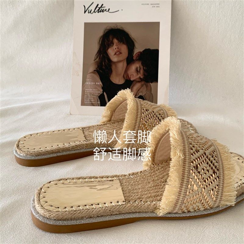 自留好穿!墙推荐~INS草编凉拖鞋女夏季民族风波西米亚度假一字拖,女鞋,一字拖,淘宝优惠券,粉丝福利购,淘宝优惠卷
