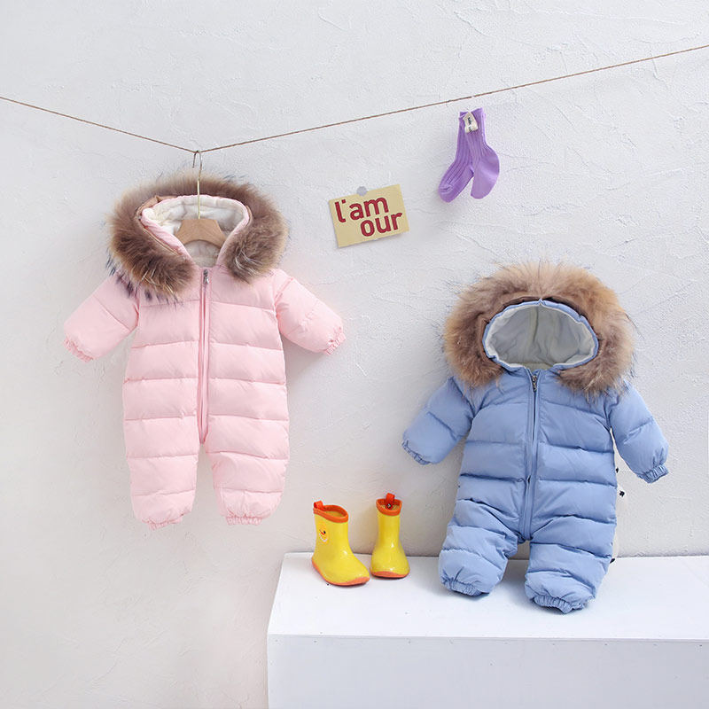 婴幼儿羽绒连体衣冬季男宝宝加A绒大毛领爬爬服新生儿女加绒外出