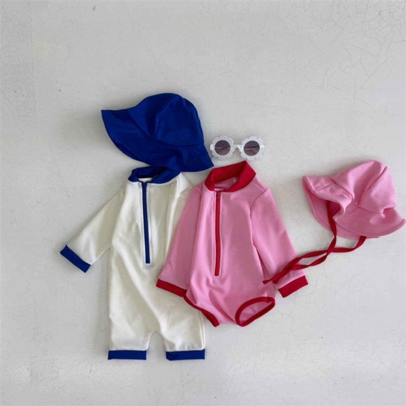婴儿游泳衣夏季25新款女宝宝韩版连体三角泳衣男宝宝长袖连体泳衣