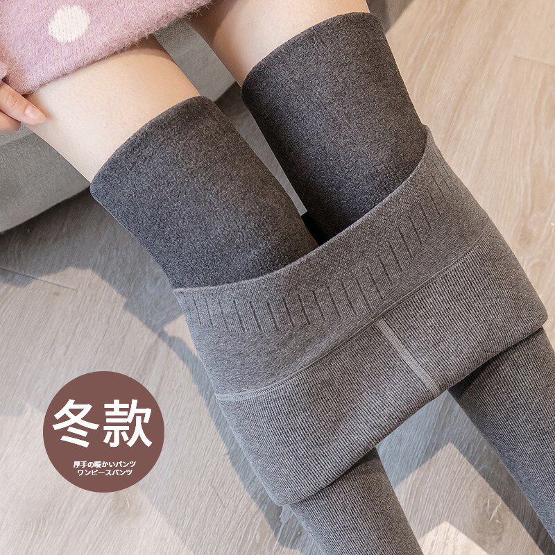 灰色螺纹打底裤i女外穿秋冬加绒胖mm200斤大码弹力保暖一体棉裤冬