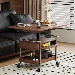 博纯焦糖中古风小推车客厅两用可移动折叠可移动餐桌升降茶几家居