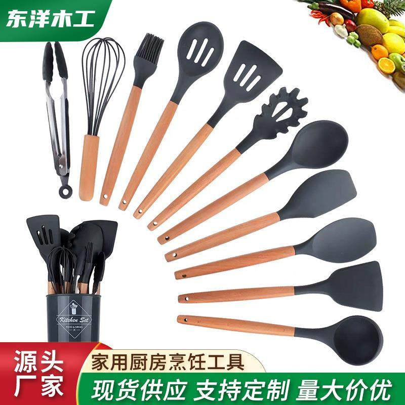 厂家现货亚马逊木柄厨具套装欧式不粘锅锅铲汤勺套装家用厨房烹饪