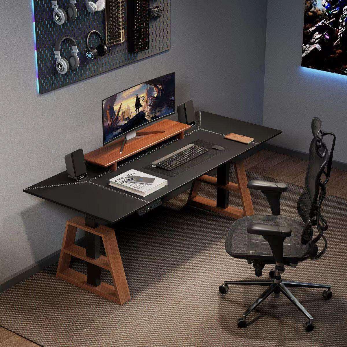 高品质电动升降桌马鞍皮桌面家用电脑学习桌办公桌书桌工作电竞桌