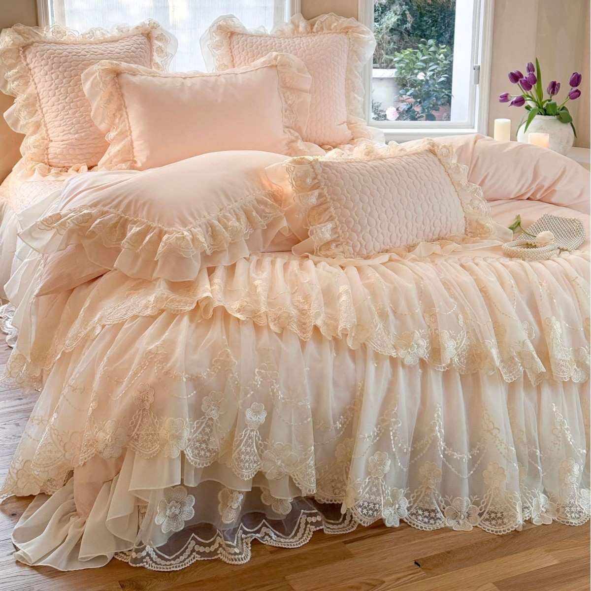 法式浪漫高支密全棉长绒棉四件套公主风蕾丝刺绣纯棉被套床裙床品