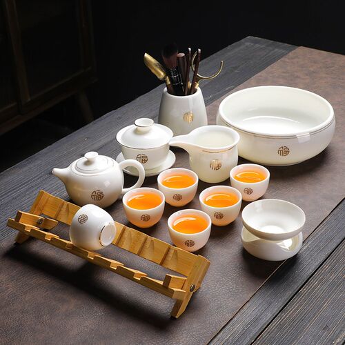 整套羊脂玉白瓷茶具家用简约中式功夫泡H茶壶盖碗陶瓷小茶杯带杯