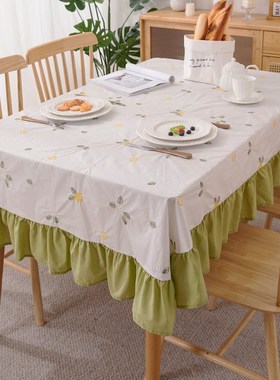 绿色花边餐桌布清新春日植物花朵刺绣台布家居装饰荷叶边茶几布