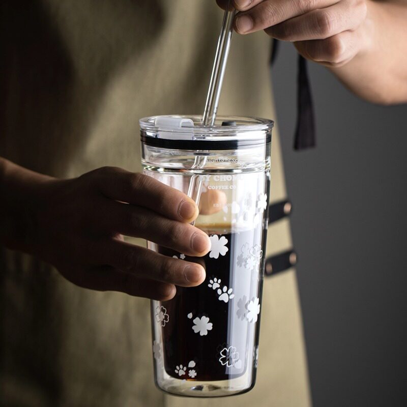 双层玻璃水杯子女生大容量u吸管杯成人耐热带盖冷饮咖啡杯牛奶茶