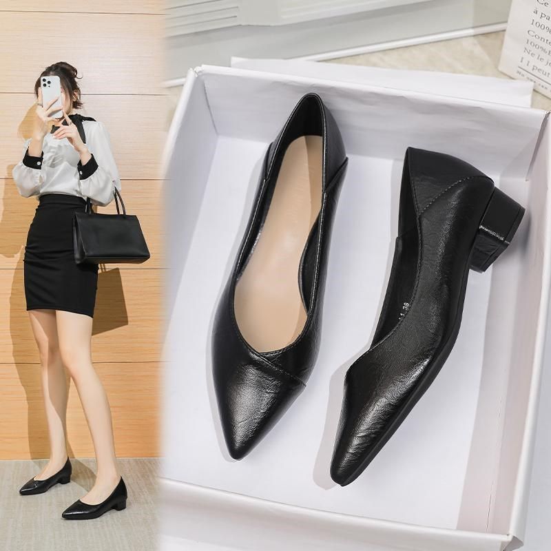 软皮工作鞋女粗跟l黑色软底高跟鞋上班久站不累脚职业鞋尖头单鞋