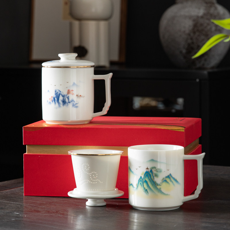羊脂玉茶杯茶水分离杯子陶瓷办公室水杯订制logo公司年会礼品定制