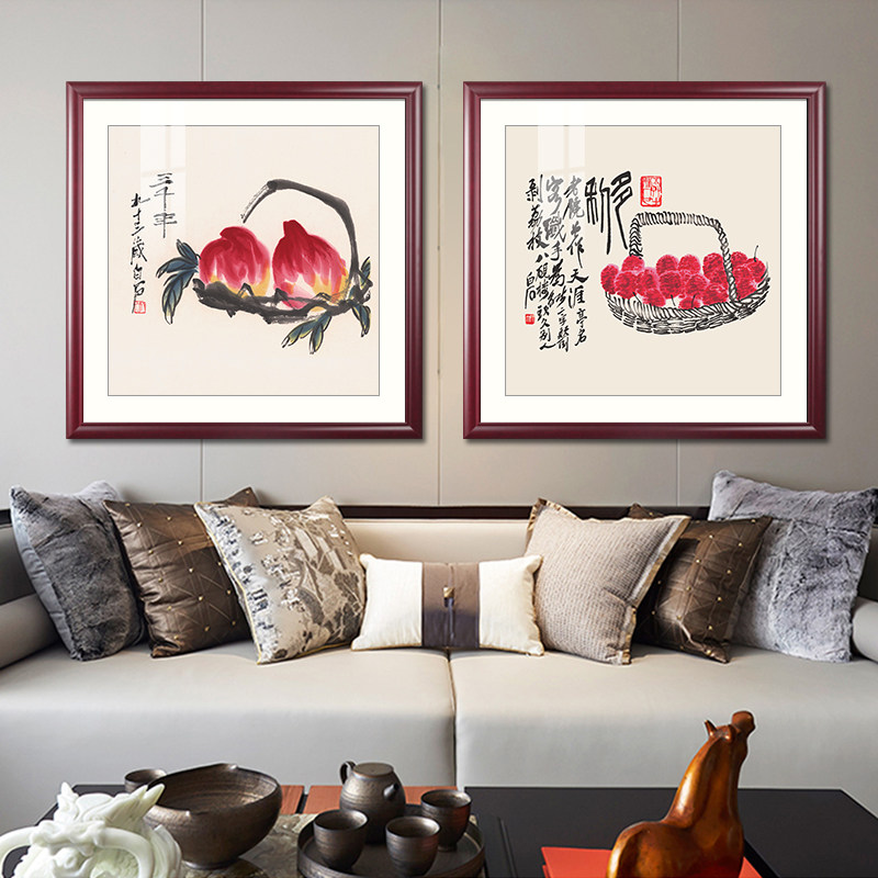 正方形齐白石寿桃图挂画客厅玄关装饰画中L式餐厅水果荔枝图案壁