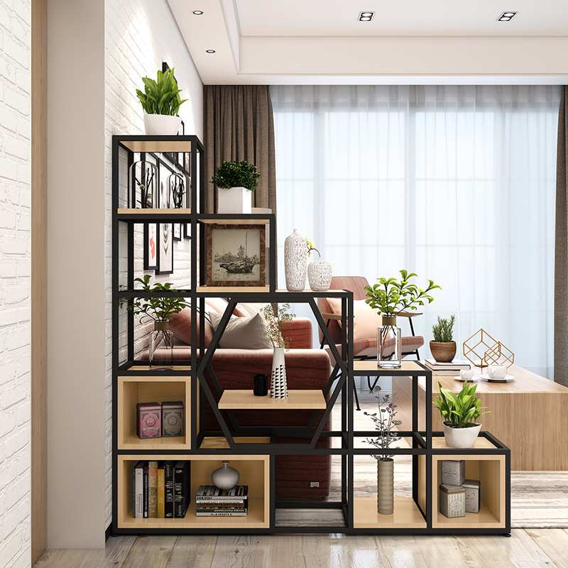 铁艺落地屏风隔断客厅创意实木书架产品展示架现代简约搁板置物架
