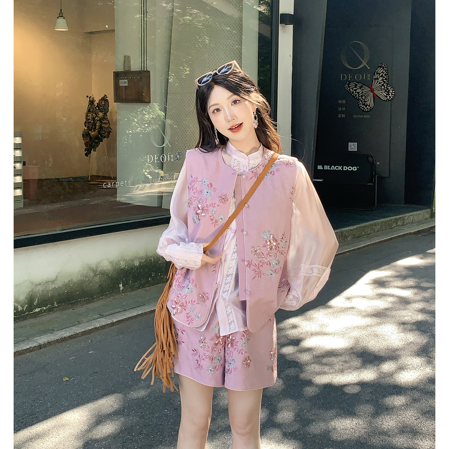 果果家 新中式套装女秋季2025年新款刺绣马甲长袖衬衫短裤三件套