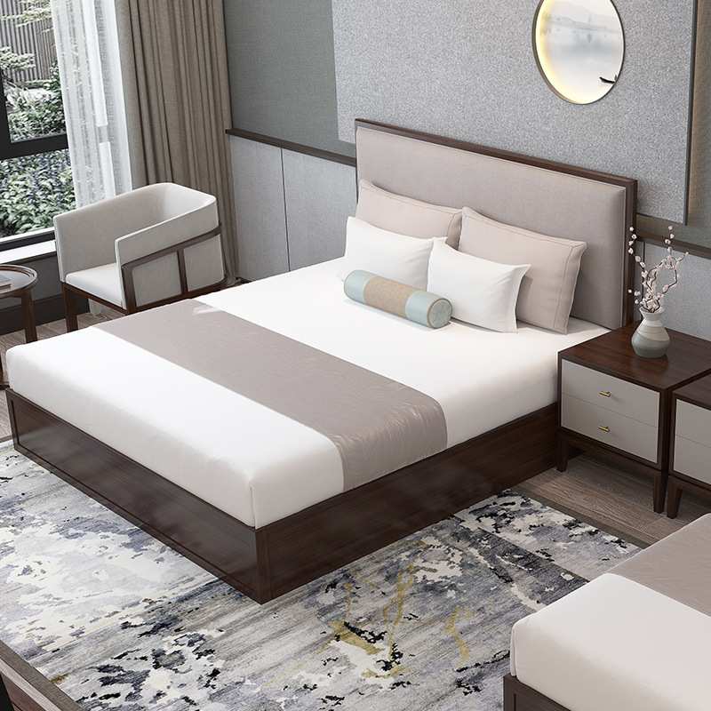 新中式床民宿禅意原木实木单双人床客栈酒店宾馆家具工程批量厂家