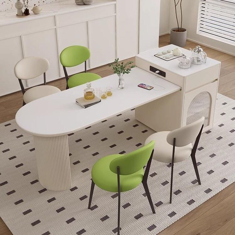 奶油风岛台加餐桌一体可伸缩轻奢简约现代高端家用岩板餐桌椅组合