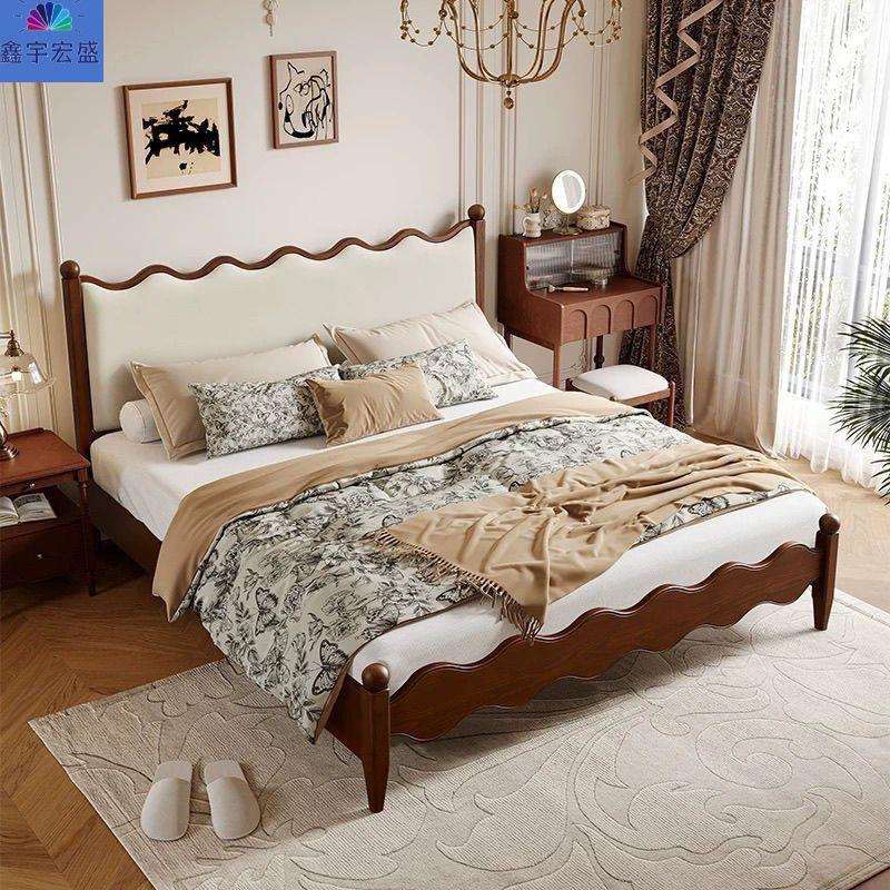 法式奶油风复古中古风床1米8涟漪床小户型全双人北欧白蜡木实木床