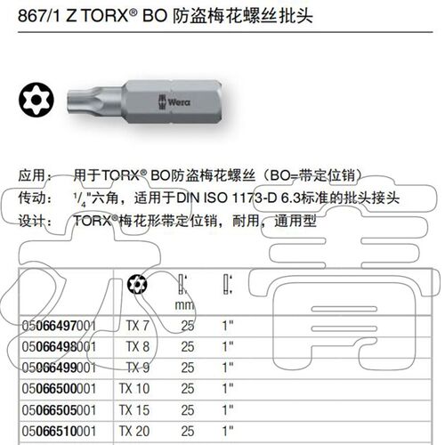 德国维拉 Wera 防盗梅花星型带孔螺丝批头867/1 Z TORX BO