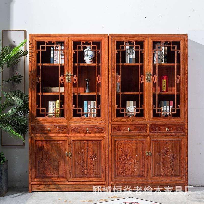 新中式老榆木储物柜玻璃柜带双开门茶具收纳柜玄关抽屉柜文玩柜