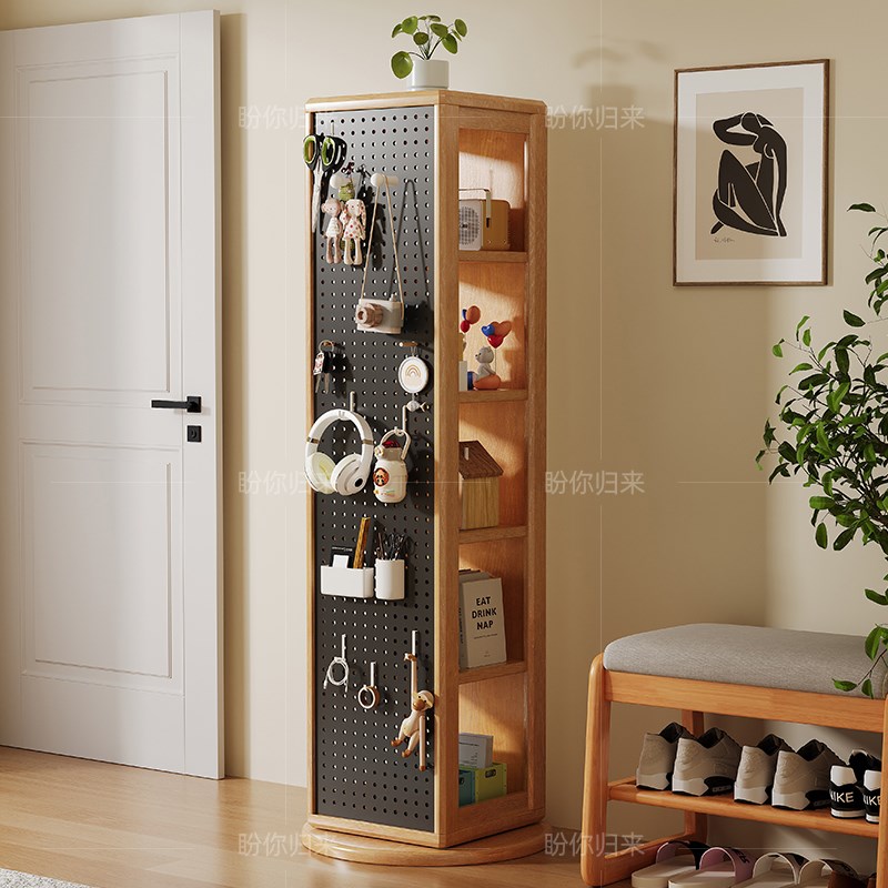 实木全身镜家用落地旋转书架一体卧室多功能收纳置V物架子带洞洞