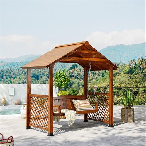 户外防腐木大型秋千庭院凉亭可躺吊椅室外躺N床荡秋千木质休闲吊