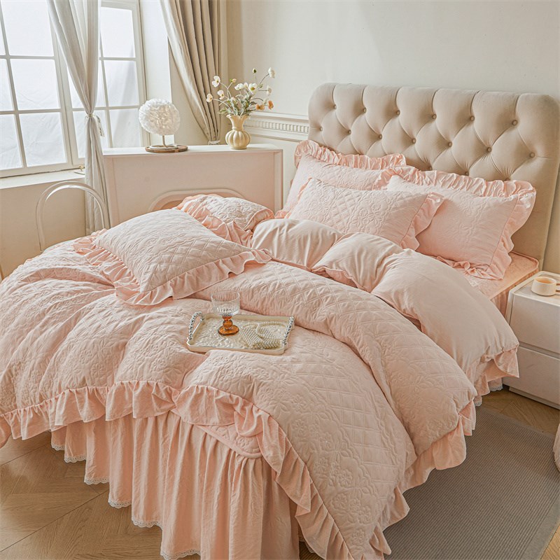 床裙式四件套全套夹棉加r厚花边被套4件套A类母婴级床上席梦思床