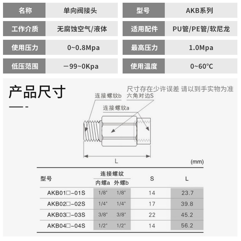 真空单向阀气动止回阀AKB01B-01S空气04B-04单项03B-03接头02B-02图片