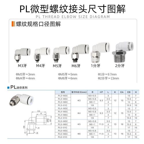 微型气动快速接头PL2 3 4 5 6 M3 M5 M6迷你气管螺纹直角弯头4mm