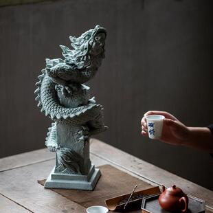 陶怡 中式创意国潮盘龙石柱 青砂石逗兽记家居装饰摆件鱼缸造景