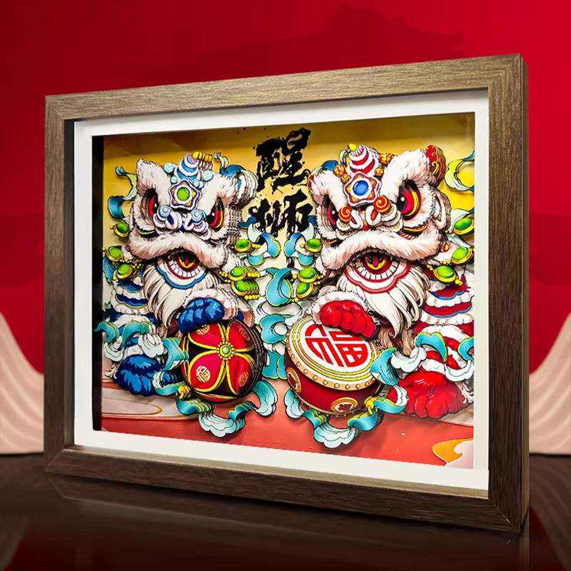 国潮醒狮摆件 工艺品剪纸文创木质多福桌面客厅创意摆台精美摆件