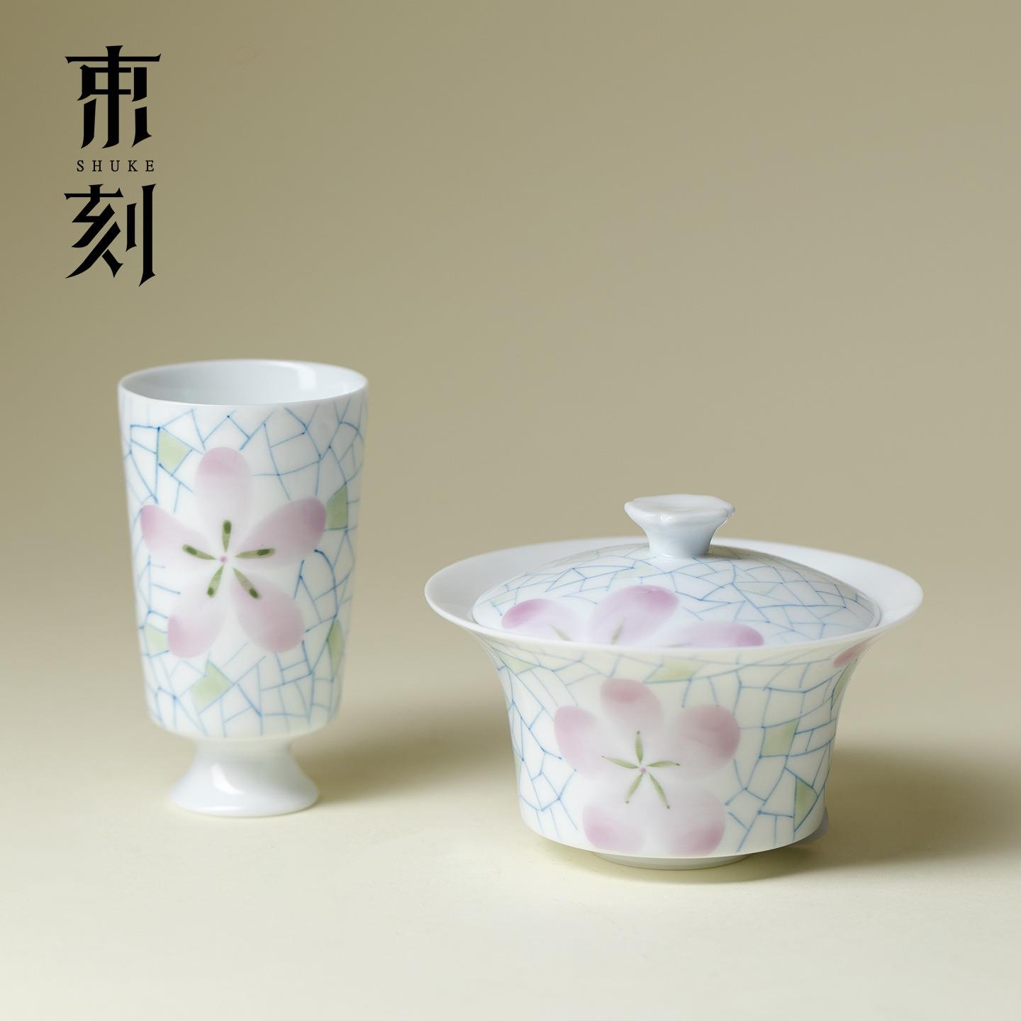 束刻釉下手绘冰裂纹花卉撇口盖碗茶杯景德镇薄胎不烫手泡茶碗茶具